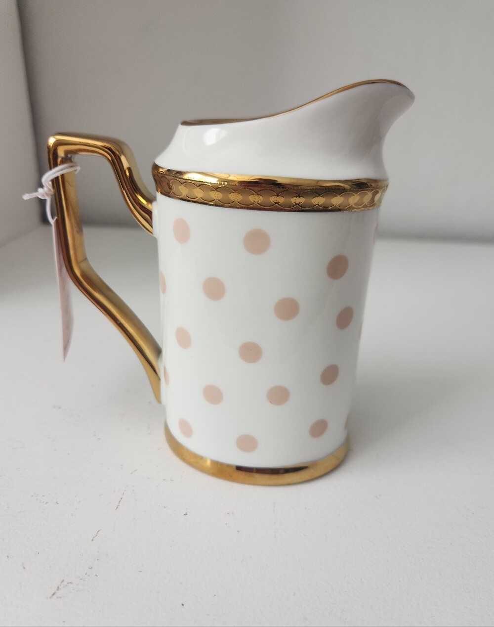 White Porcelain Creamer with Blush Polka Dots and Gold Trim